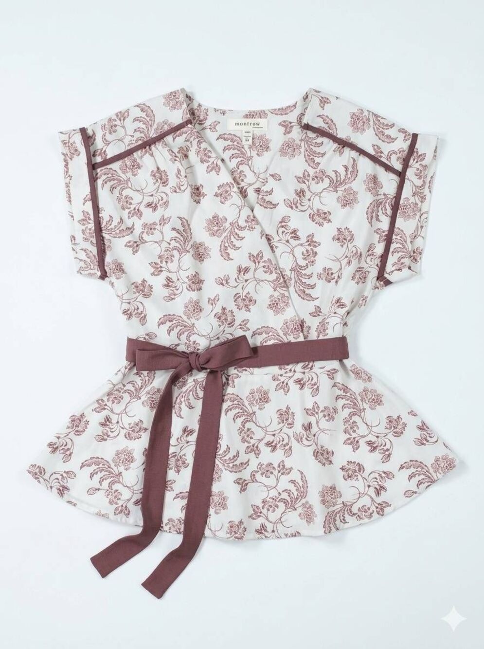 🔺️Monteau Cream & Brown Floral Print Belted Short Sleeve Top Medium